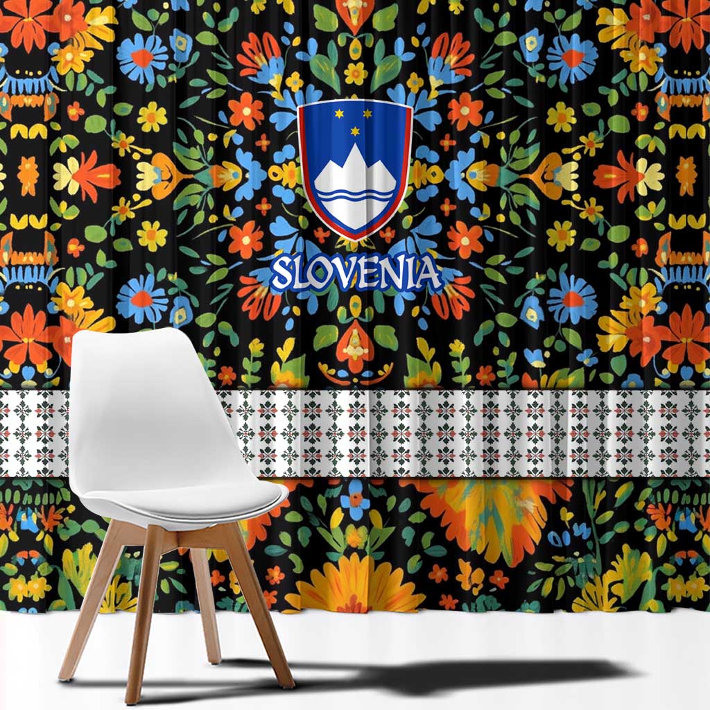 Slovenia Folk Art Window Curtain Bright Floral Pattern with National Crest Emblem