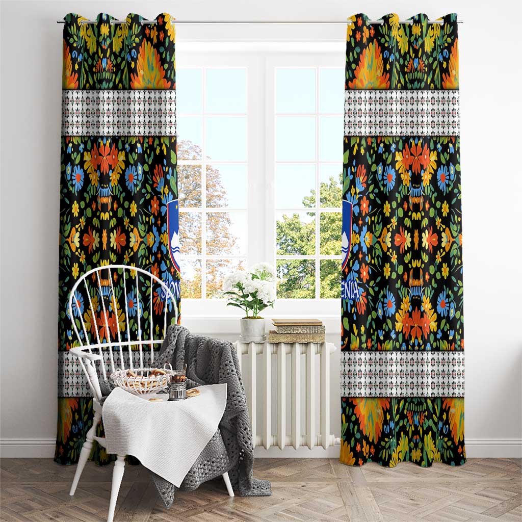 Slovenia Folk Art Window Curtain Bright Floral Pattern with National Crest Emblem