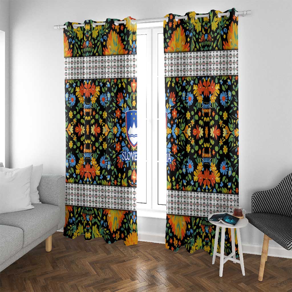 Slovenia Folk Art Window Curtain Bright Floral Pattern with National Crest Emblem