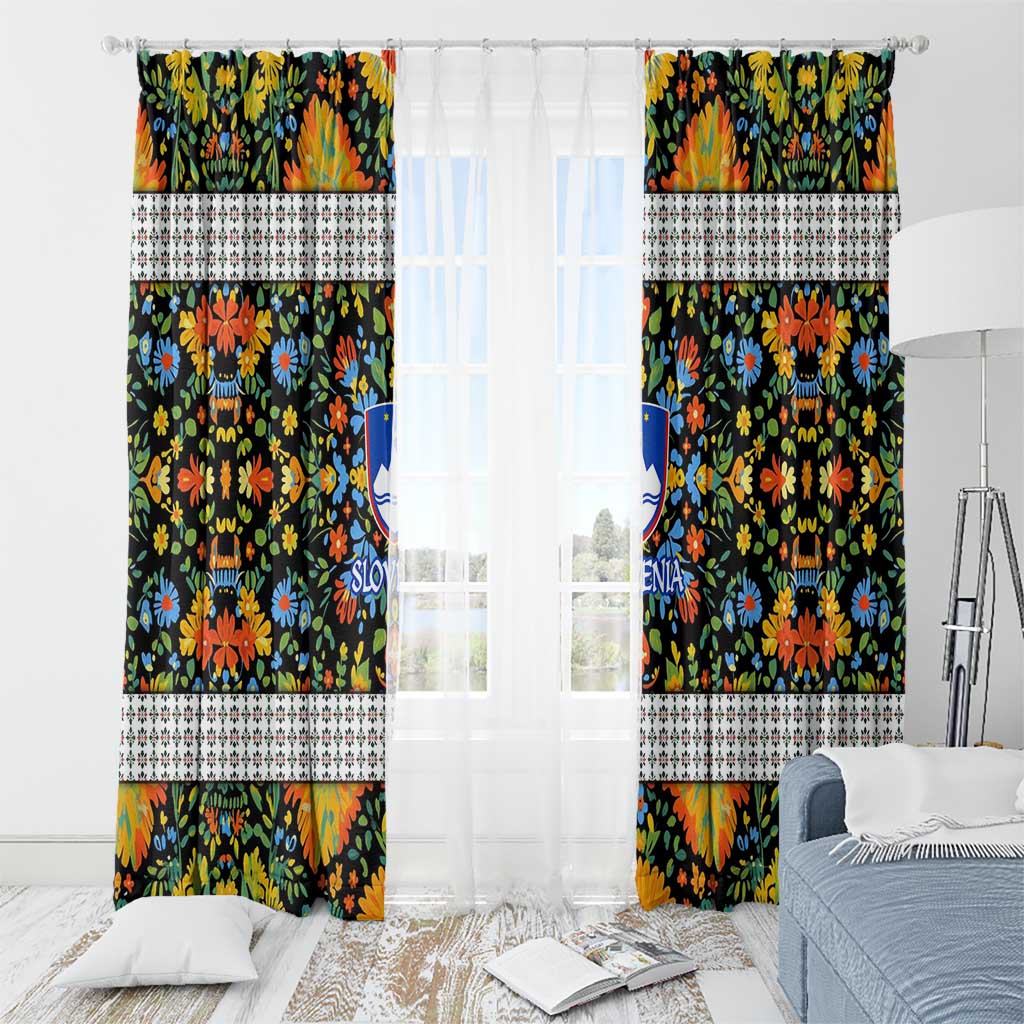 Slovenia Folk Art Window Curtain Bright Floral Pattern with National Crest Emblem