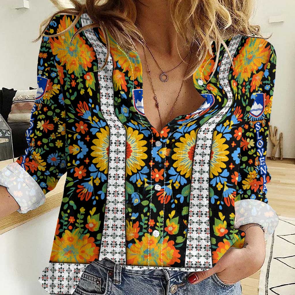Slovenia Folk Art Women Casual Shirt Bright Floral Pattern with National Crest Emblem