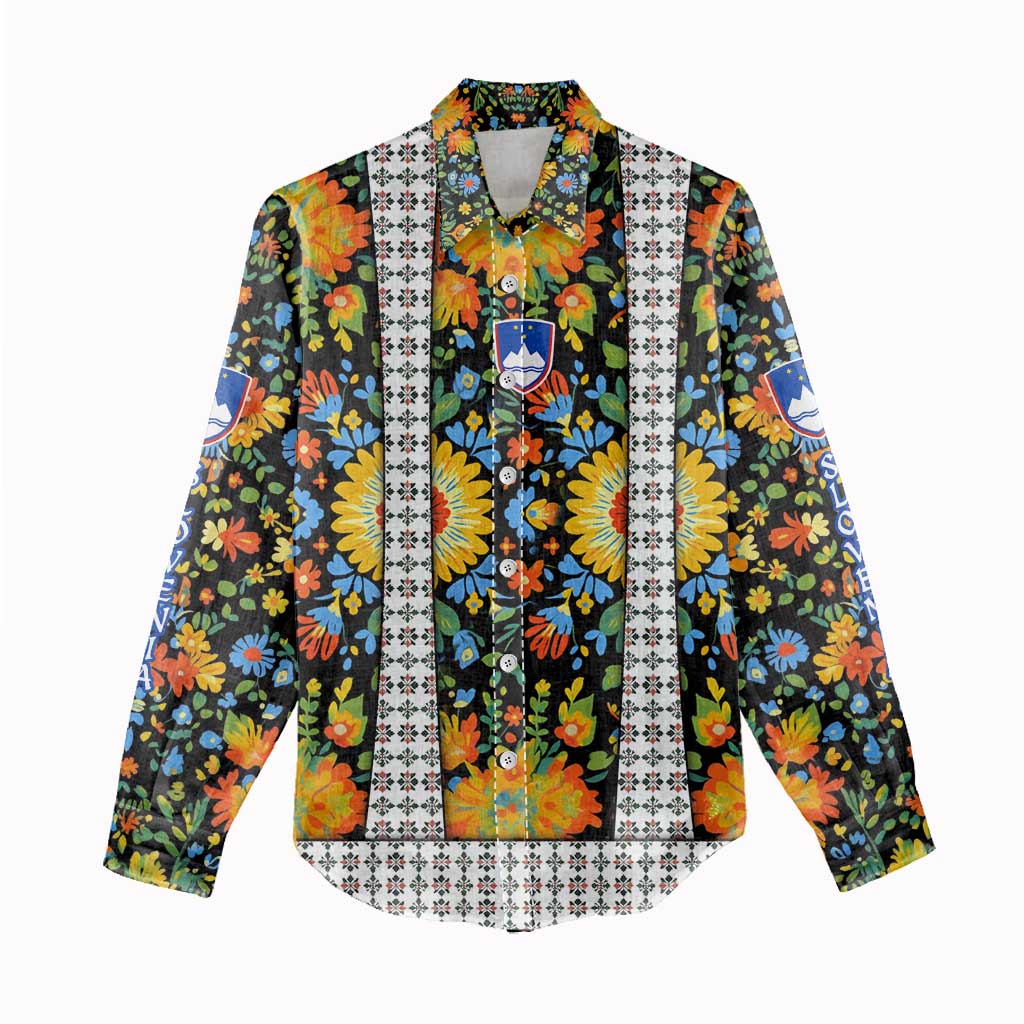 Slovenia Folk Art Women Casual Shirt Bright Floral Pattern with National Crest Emblem