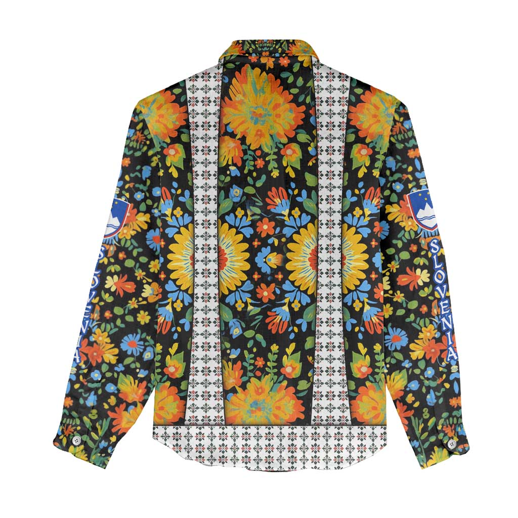 Slovenia Folk Art Women Casual Shirt Bright Floral Pattern with National Crest Emblem
