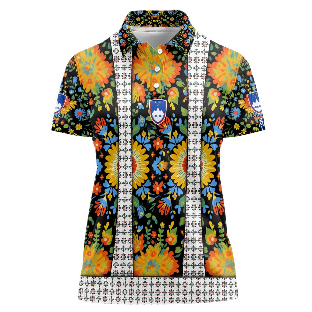 Slovenia Folk Art Women Polo Shirt Bright Floral Pattern with National Crest Emblem