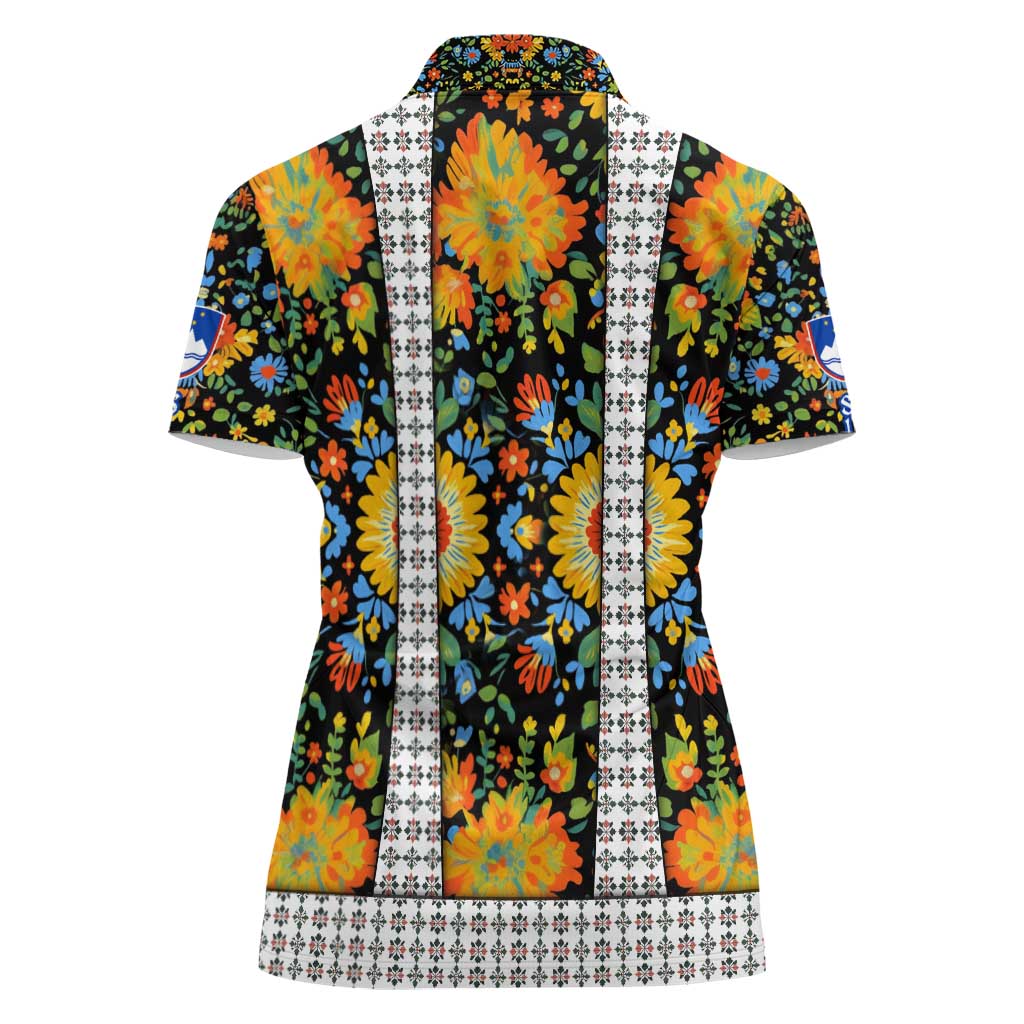 Slovenia Folk Art Women Polo Shirt Bright Floral Pattern with National Crest Emblem