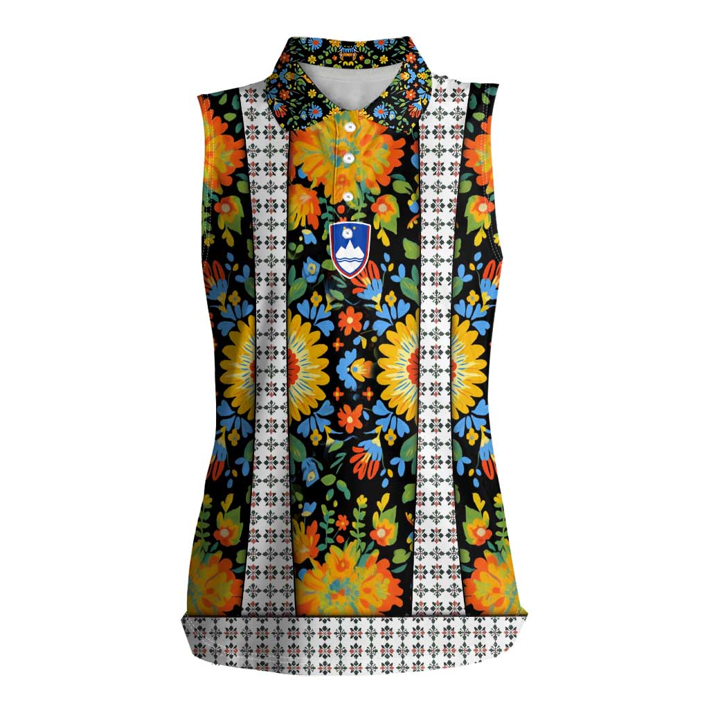 Slovenia Folk Art Women Sleeveless Polo Shirt Bright Floral Pattern with National Crest Emblem