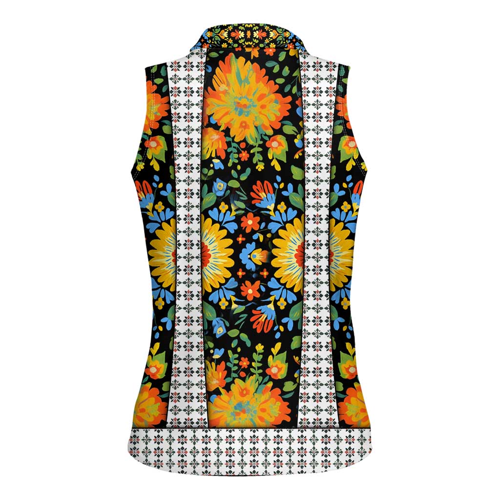 Slovenia Folk Art Women Sleeveless Polo Shirt Bright Floral Pattern with National Crest Emblem