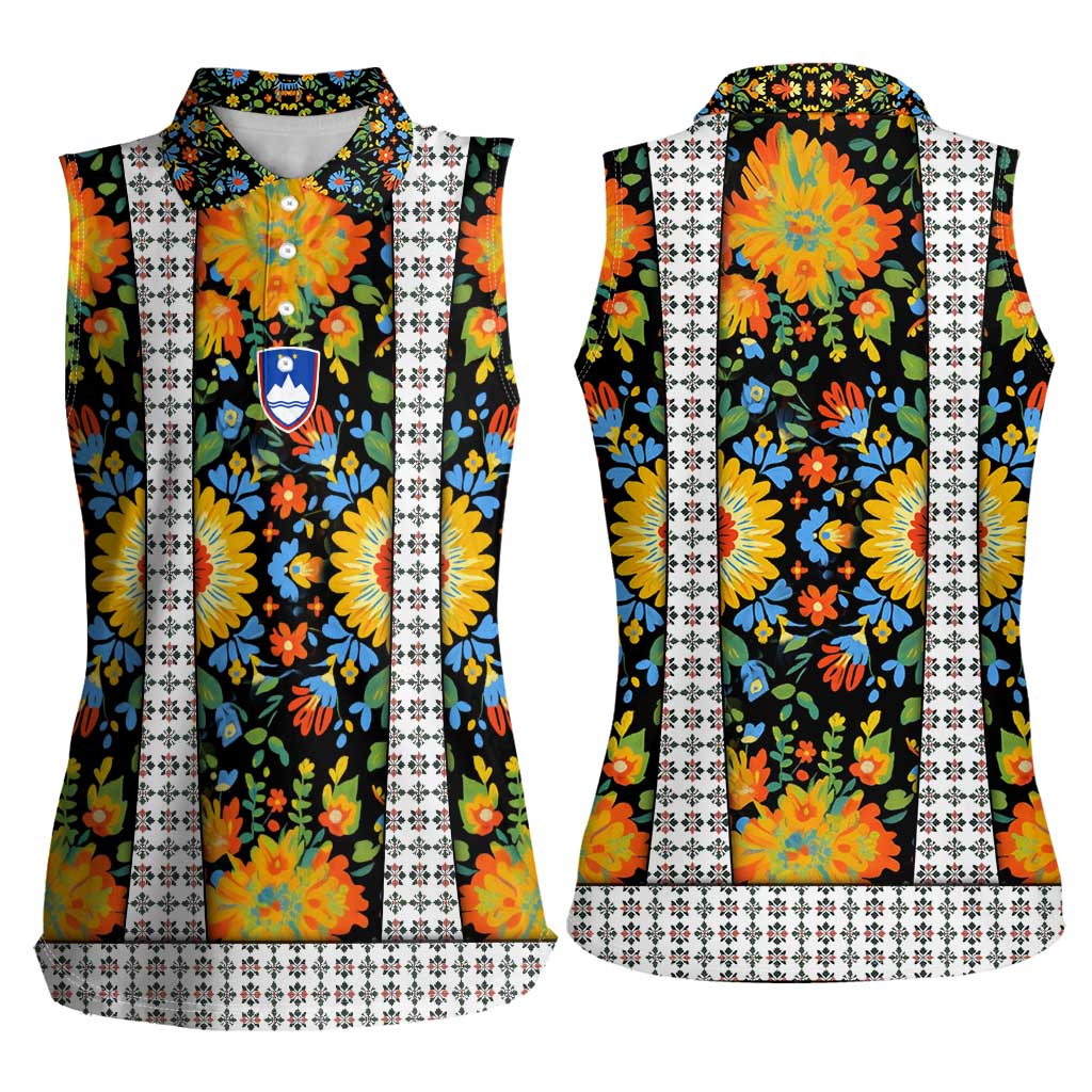 Slovenia Folk Art Women Sleeveless Polo Shirt Bright Floral Pattern with National Crest Emblem