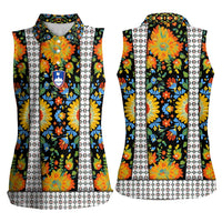 Slovenia Folk Art Women Sleeveless Polo Shirt Bright Floral Pattern with National Crest Emblem