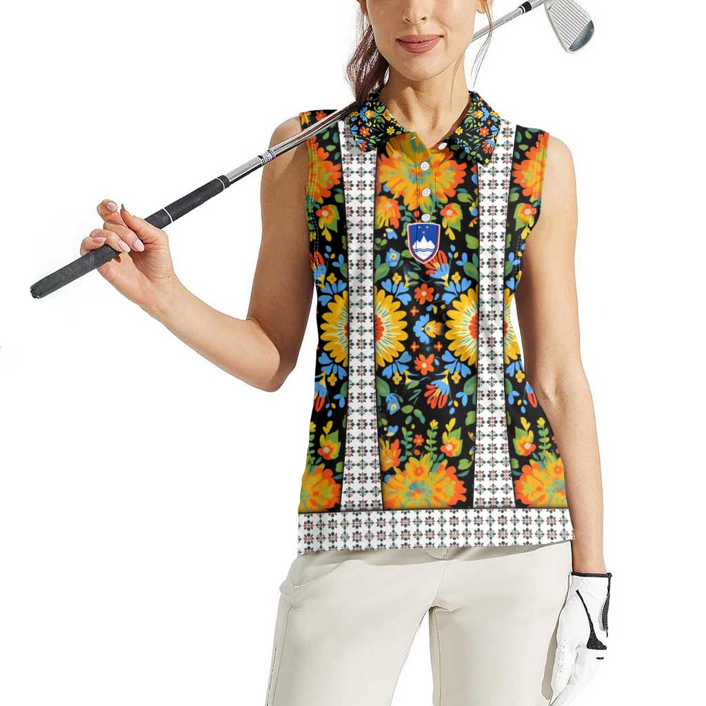 Slovenia Folk Art Women Sleeveless Polo Shirt Bright Floral Pattern with National Crest Emblem