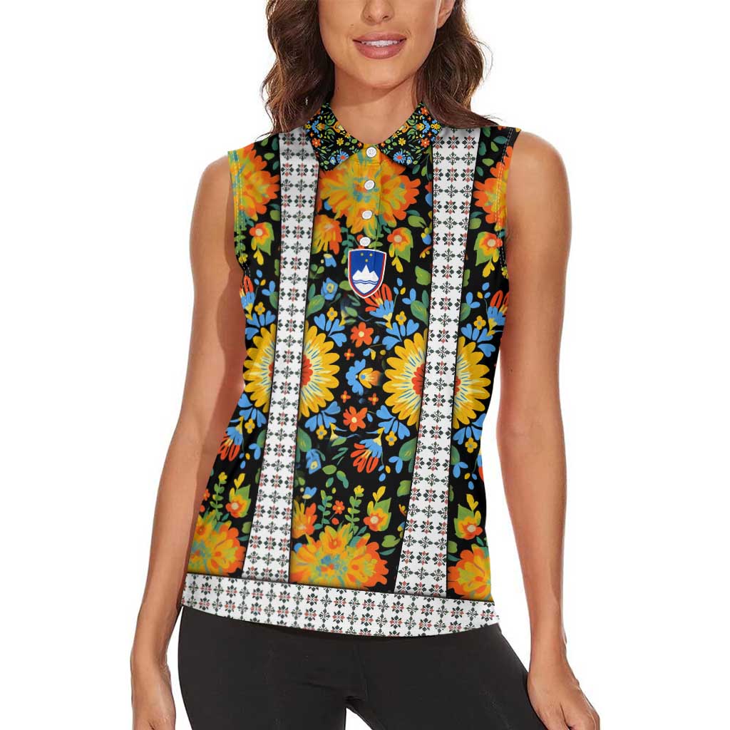 Slovenia Folk Art Women Sleeveless Polo Shirt Bright Floral Pattern with National Crest Emblem