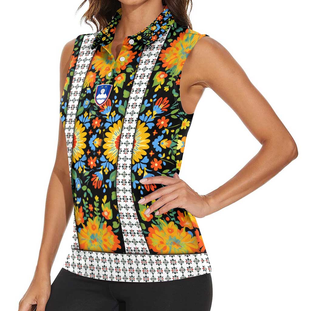 Slovenia Folk Art Women Sleeveless Polo Shirt Bright Floral Pattern with National Crest Emblem