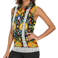 Slovenia Folk Art Women Sleeveless Polo Shirt Bright Floral Pattern with National Crest Emblem