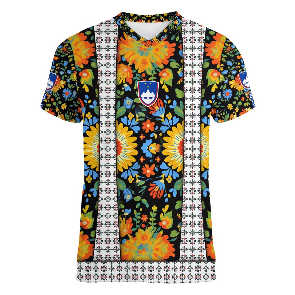 Slovenia Folk Art Women V-Neck T-Shirt Bright Floral Pattern with National Crest Emblem