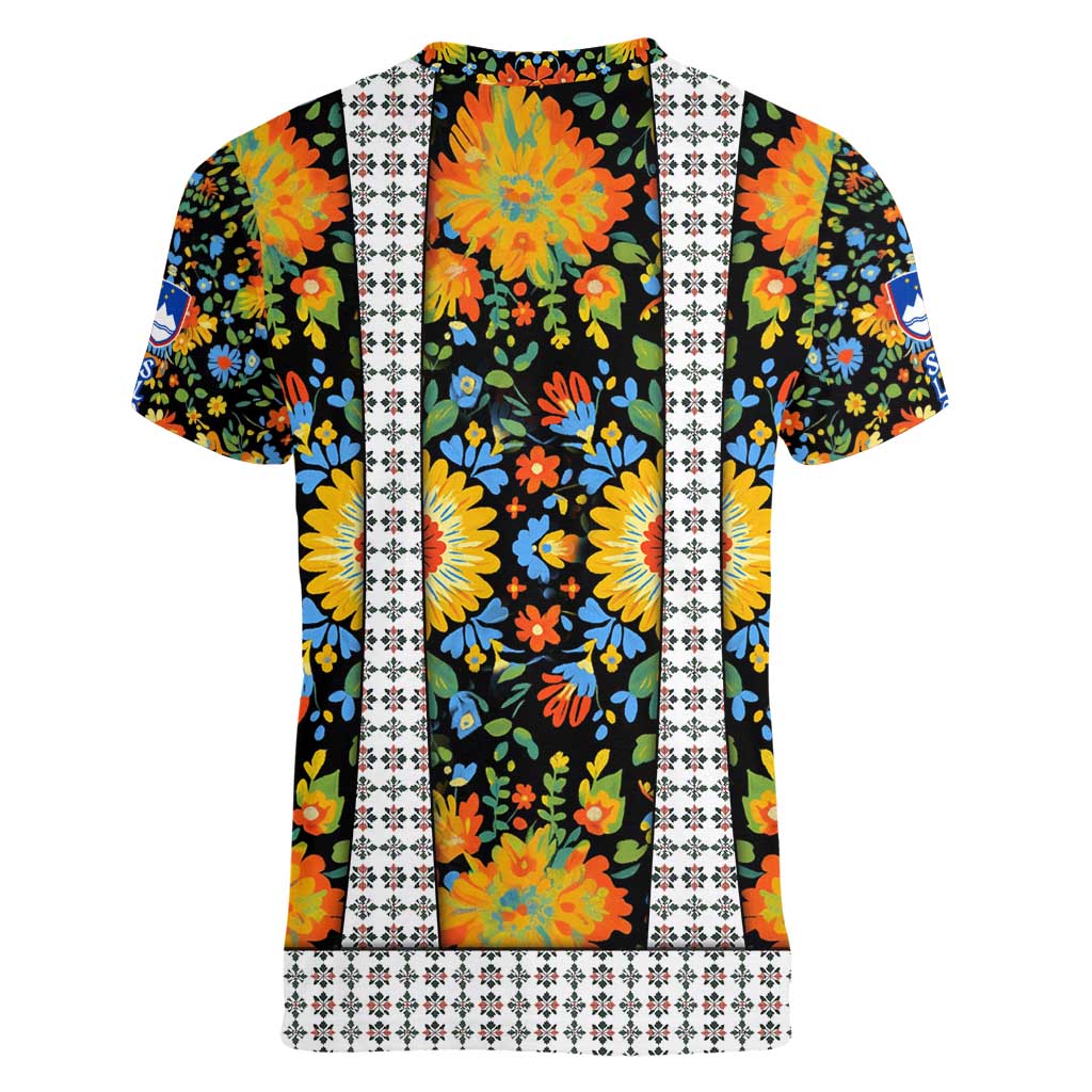 Slovenia Folk Art Women V-Neck T-Shirt Bright Floral Pattern with National Crest Emblem