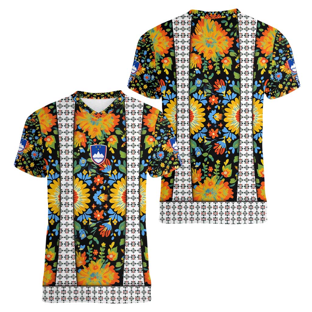 Slovenia Folk Art Women V-Neck T-Shirt Bright Floral Pattern with National Crest Emblem