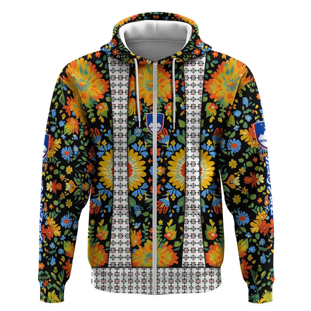 Slovenia Folk Art Zip Hoodie Bright Floral Pattern with National Crest Emblem