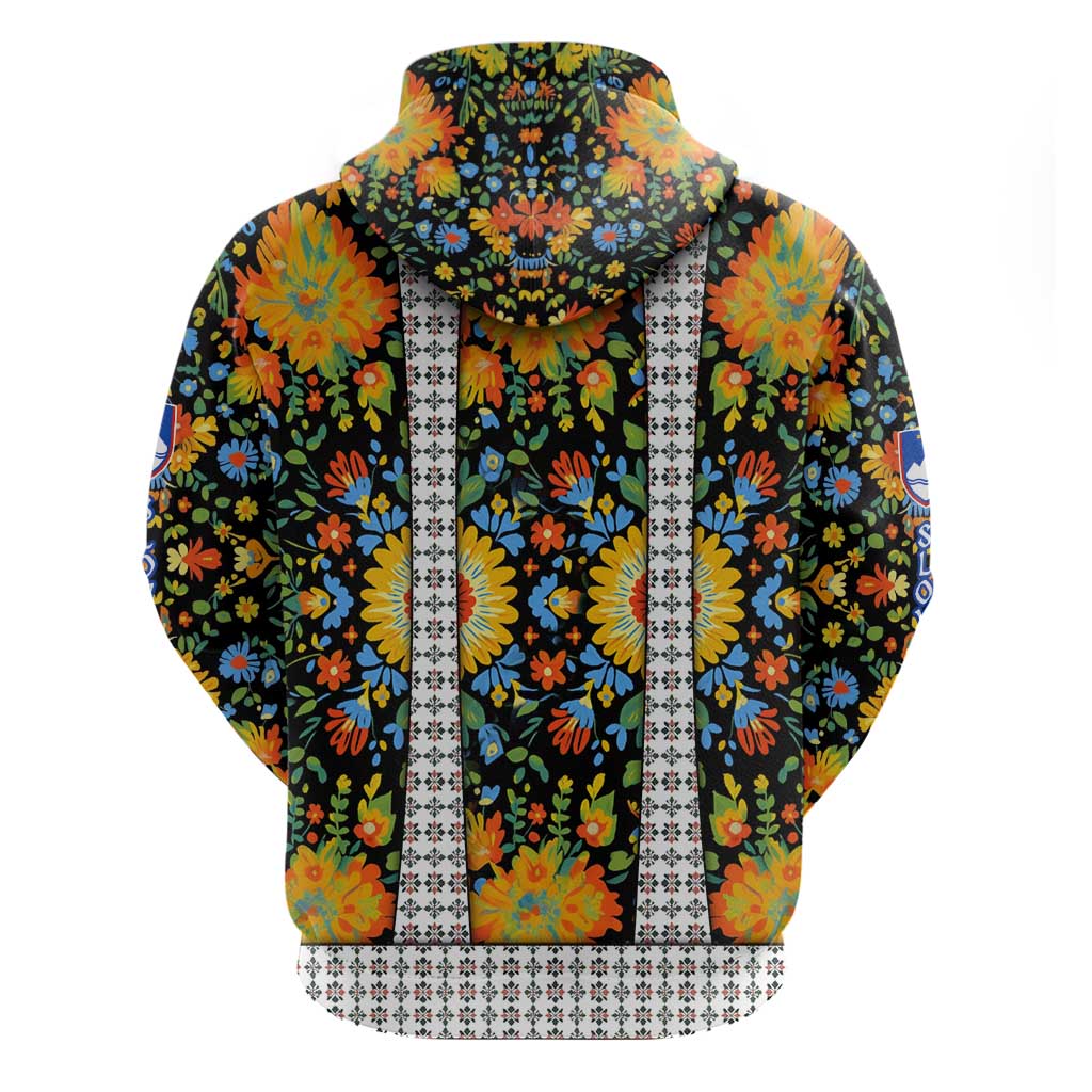 Slovenia Folk Art Zip Hoodie Bright Floral Pattern with National Crest Emblem