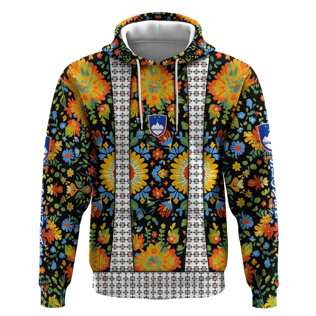 Slovenia Folk Art Zip Hoodie Bright Floral Pattern with National Crest Emblem