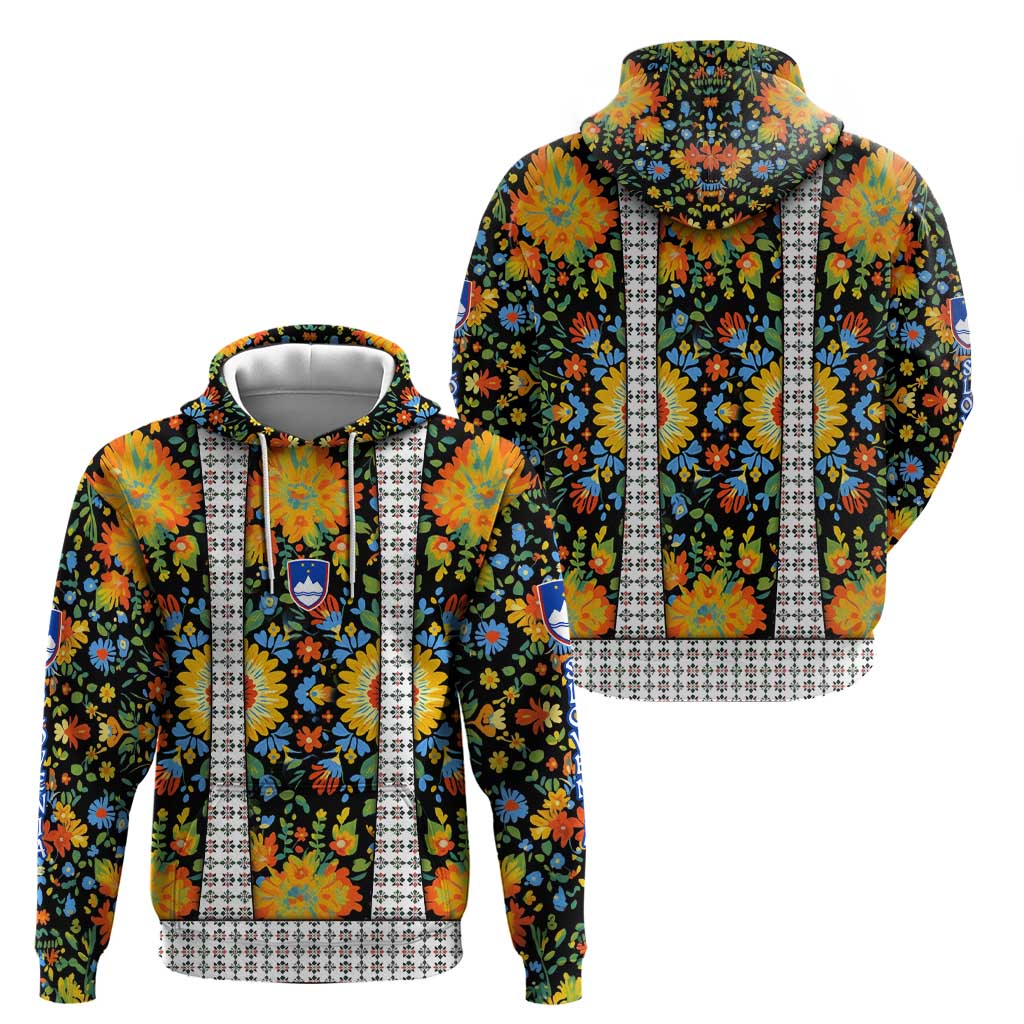 Slovenia Folk Art Zip Hoodie Bright Floral Pattern with National Crest Emblem