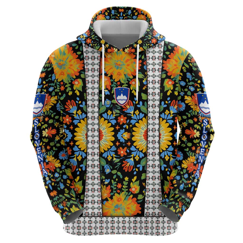 Slovenia Folk Art Zip Hoodie Bright Floral Pattern with National Crest Emblem