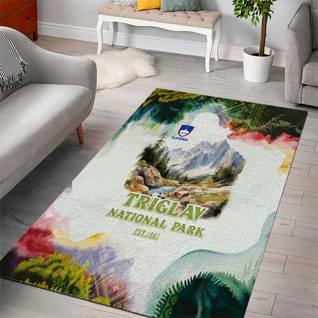 Triglav National Park Area Rug Mountain Landscape with Slovenia Crest and Folk Art Details