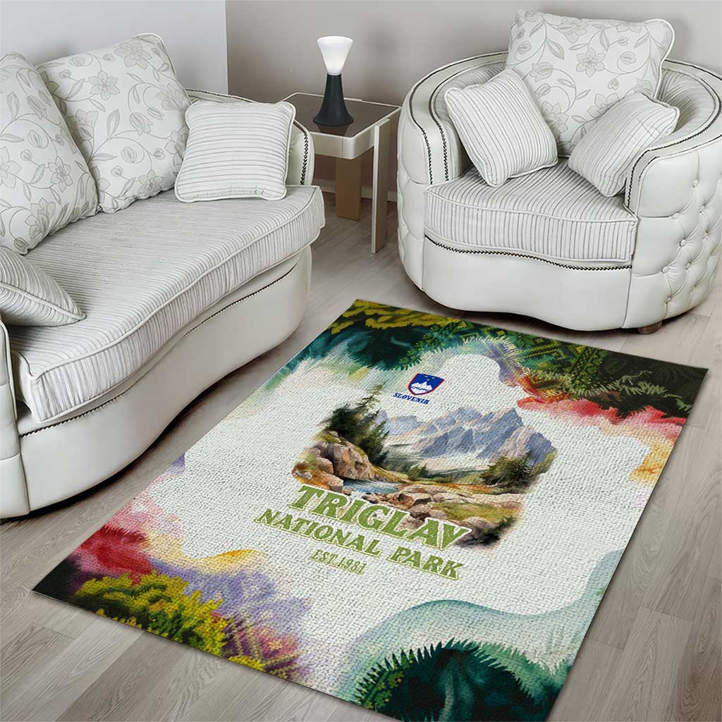 Triglav National Park Area Rug Mountain Landscape with Slovenia Crest and Folk Art Details