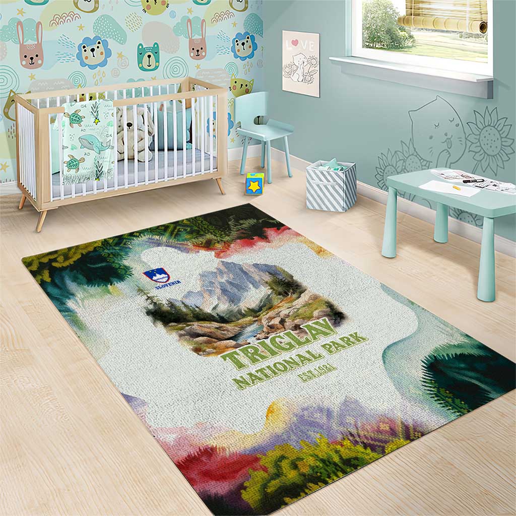 Triglav National Park Area Rug Mountain Landscape with Slovenia Crest and Folk Art Details