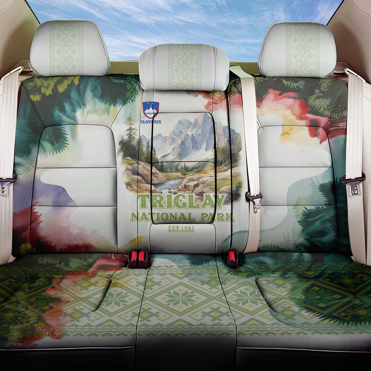Triglav National Park Back Car Seat Cover Mountain Landscape with Slovenia Crest and Folk Art Details