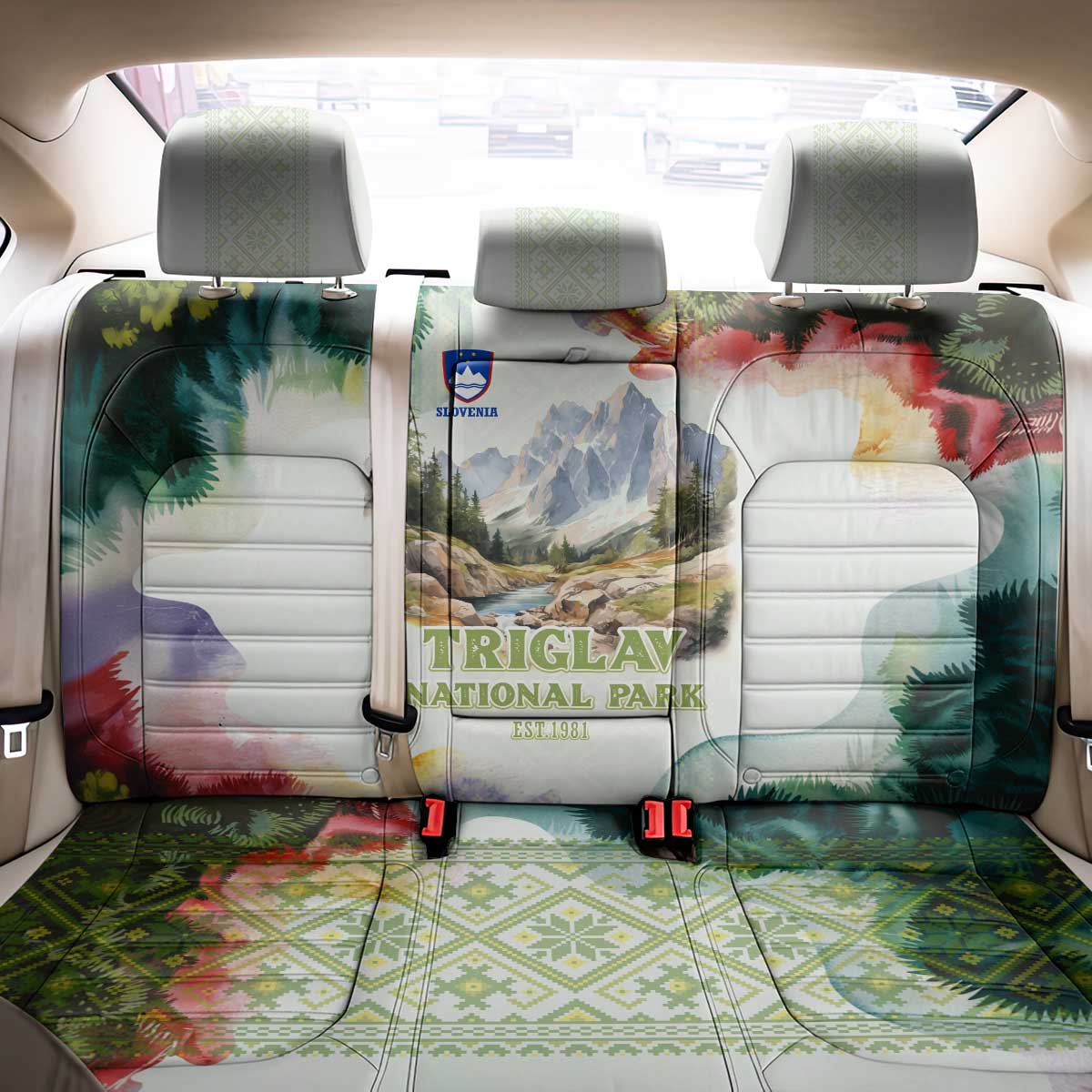 Triglav National Park Back Car Seat Cover Mountain Landscape with Slovenia Crest and Folk Art Details