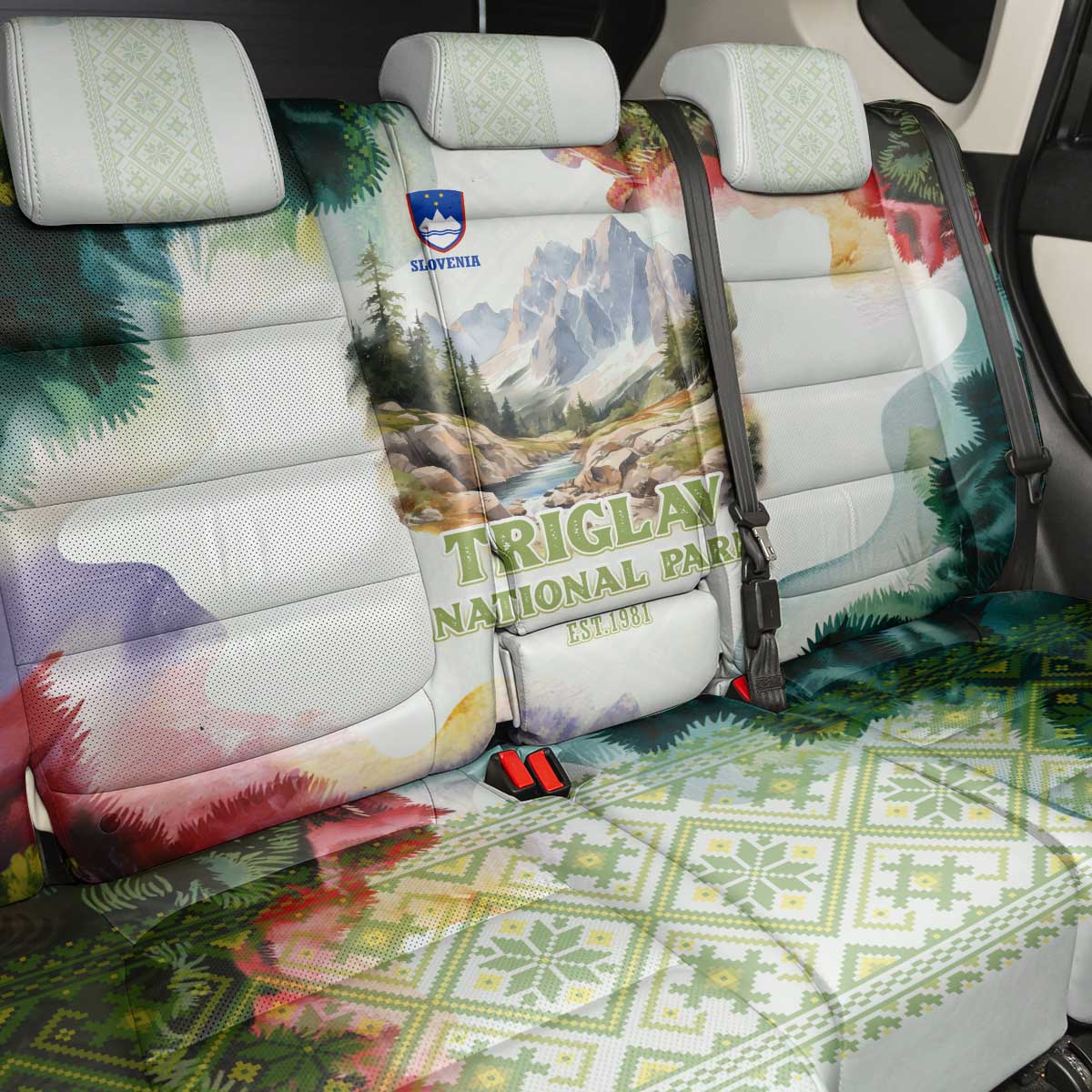 Triglav National Park Back Car Seat Cover Mountain Landscape with Slovenia Crest and Folk Art Details