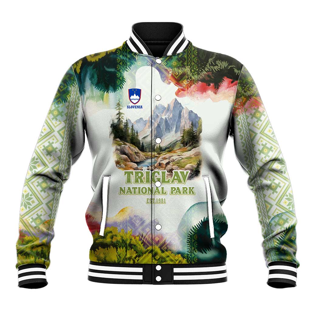 Triglav National Park Baseball Jacket Mountain Landscape with Slovenia Crest and Folk Art Details