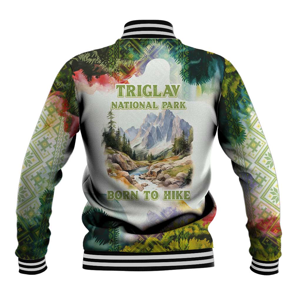 Triglav National Park Baseball Jacket Mountain Landscape with Slovenia Crest and Folk Art Details