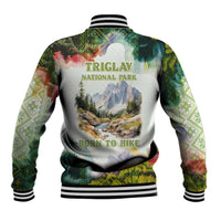 Triglav National Park Baseball Jacket Mountain Landscape with Slovenia Crest and Folk Art Details