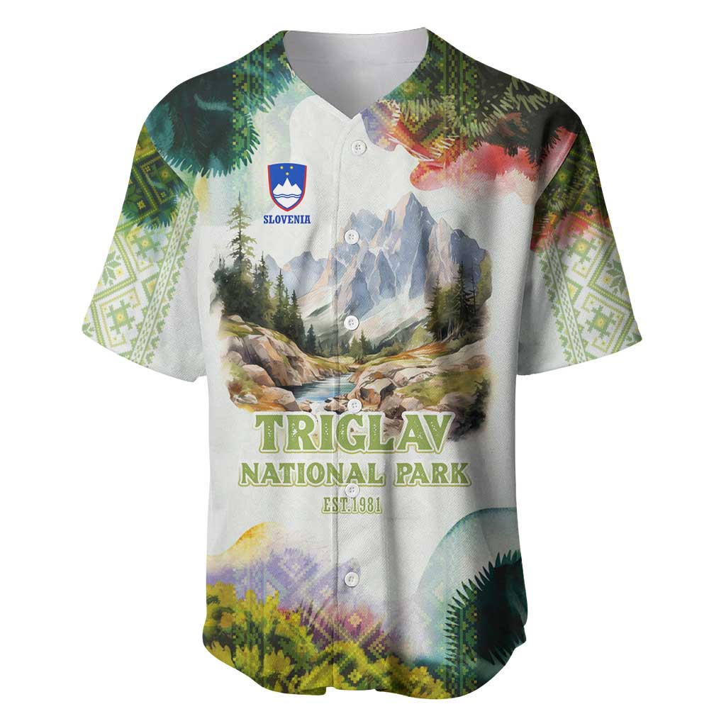 Triglav National Park Baseball Jersey Mountain Landscape with Slovenia Crest and Folk Art Details