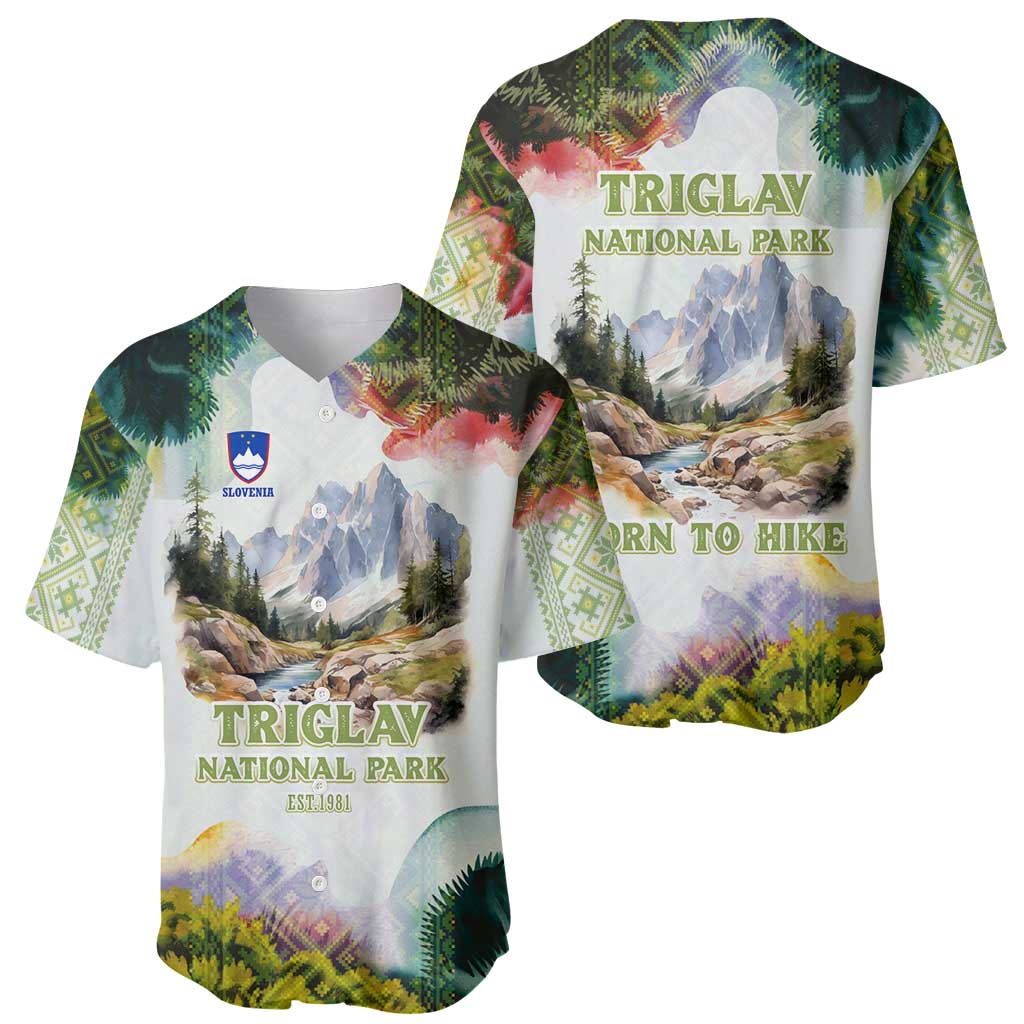 Triglav National Park Baseball Jersey Mountain Landscape with Slovenia Crest and Folk Art Details