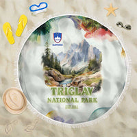 Triglav National Park Beach Blanket Mountain Landscape with Slovenia Crest and Folk Art Details