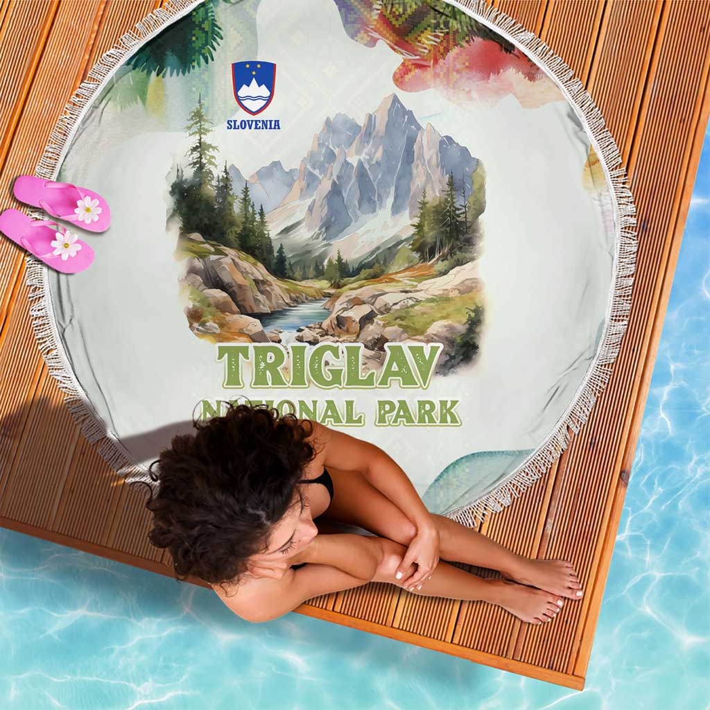 Triglav National Park Beach Blanket Mountain Landscape with Slovenia Crest and Folk Art Details