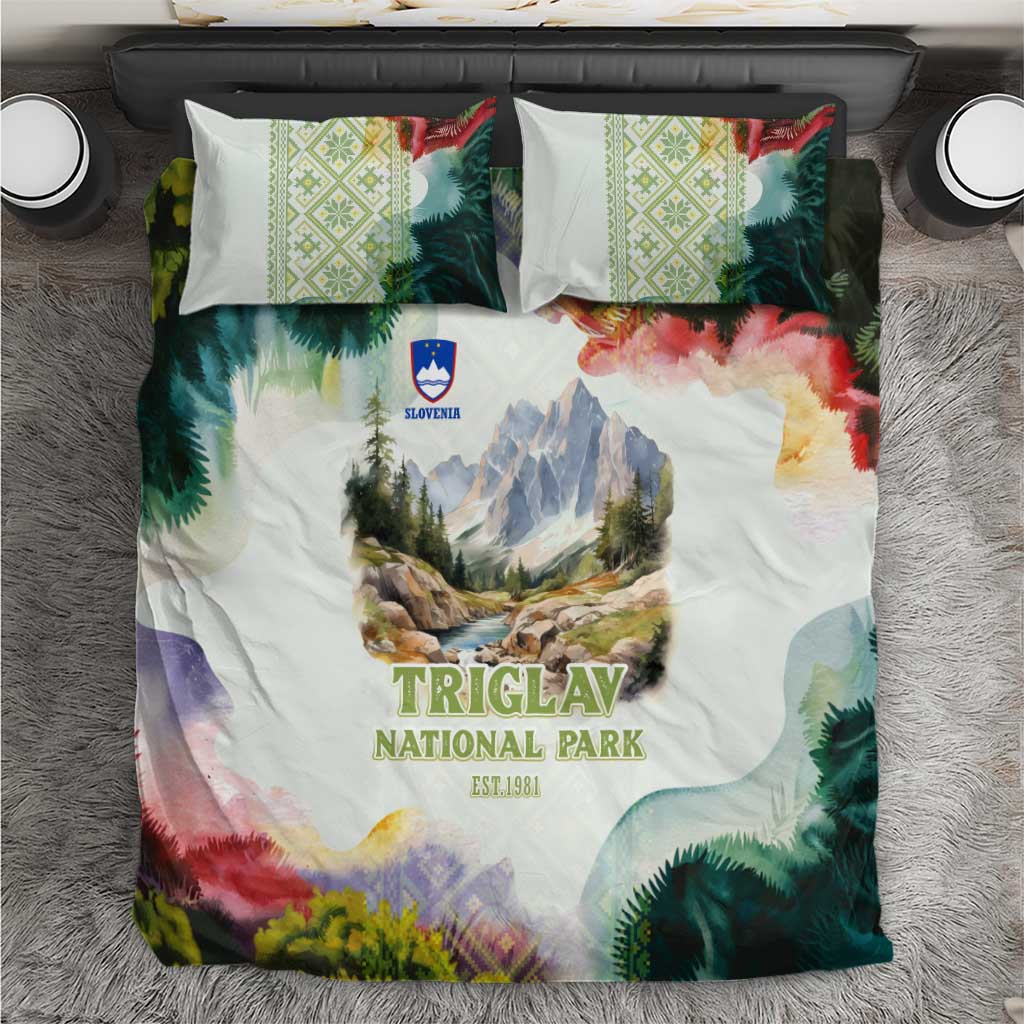 Triglav National Park Bedding Set Mountain Landscape with Slovenia Crest and Folk Art Details