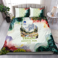 Triglav National Park Bedding Set Mountain Landscape with Slovenia Crest and Folk Art Details