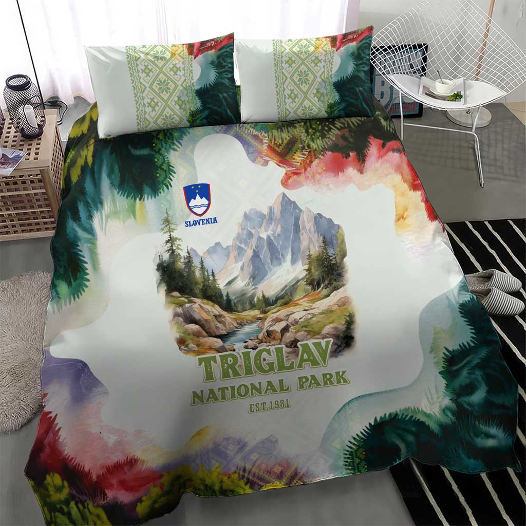 Triglav National Park Bedding Set Mountain Landscape with Slovenia Crest and Folk Art Details