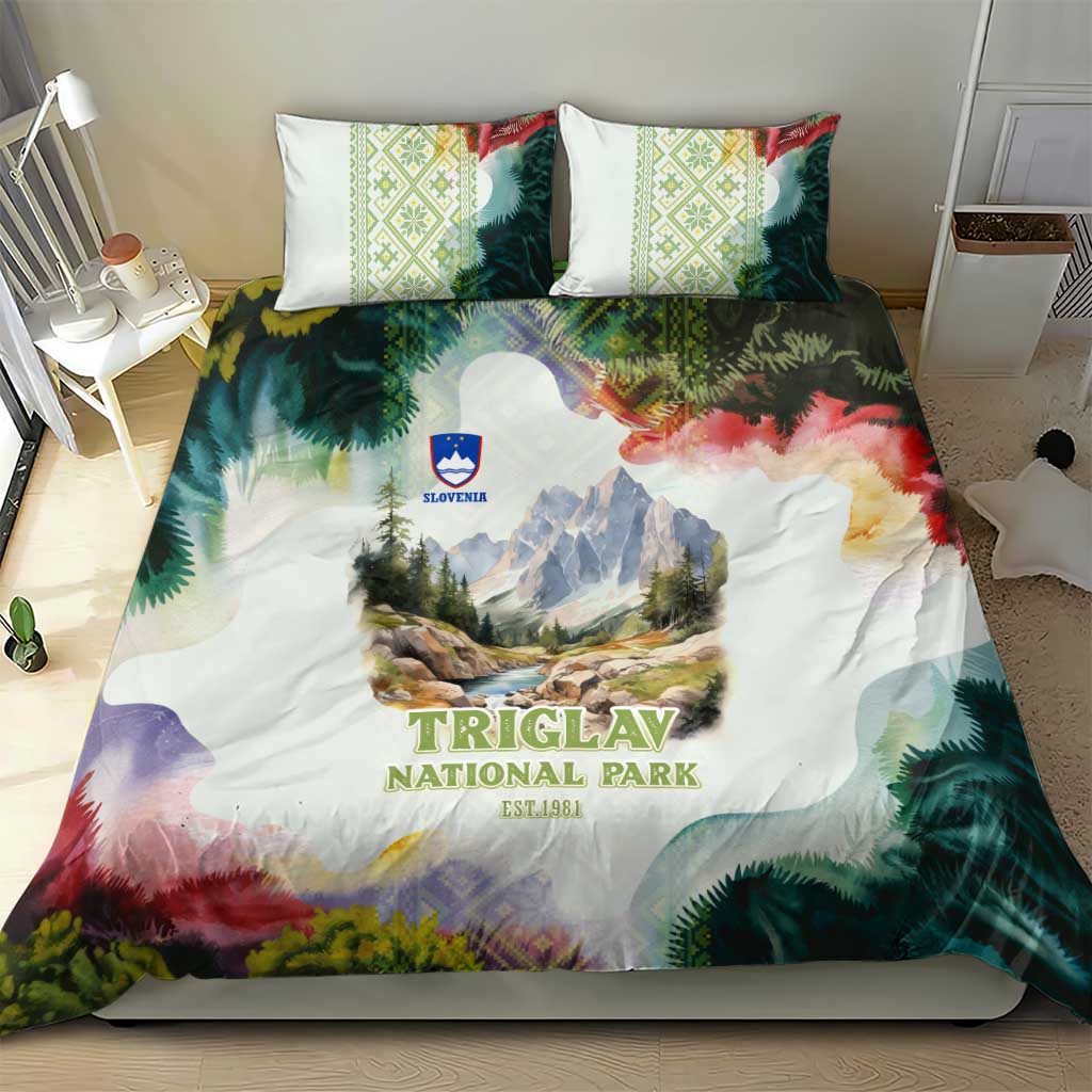 Triglav National Park Bedding Set Mountain Landscape with Slovenia Crest and Folk Art Details