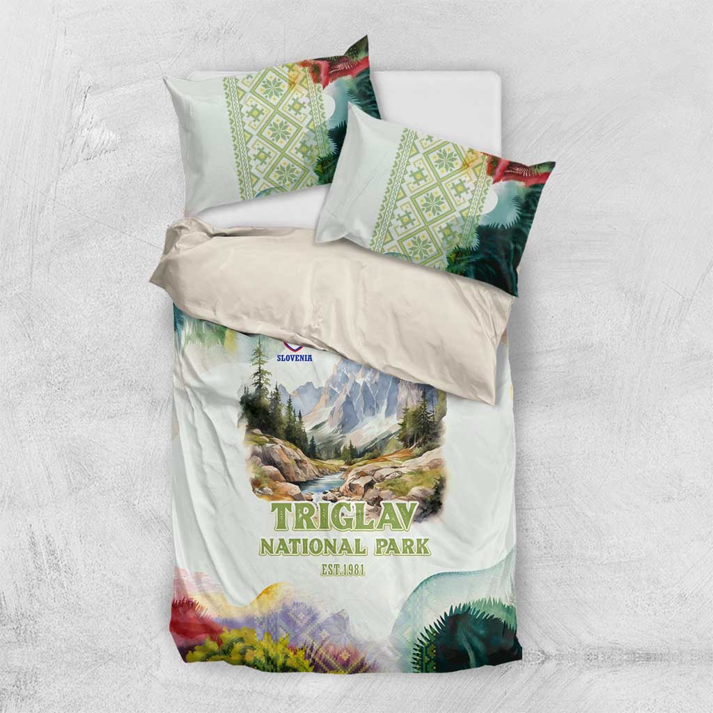 Triglav National Park Bedding Set Mountain Landscape with Slovenia Crest and Folk Art Details