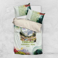 Triglav National Park Bedding Set Mountain Landscape with Slovenia Crest and Folk Art Details
