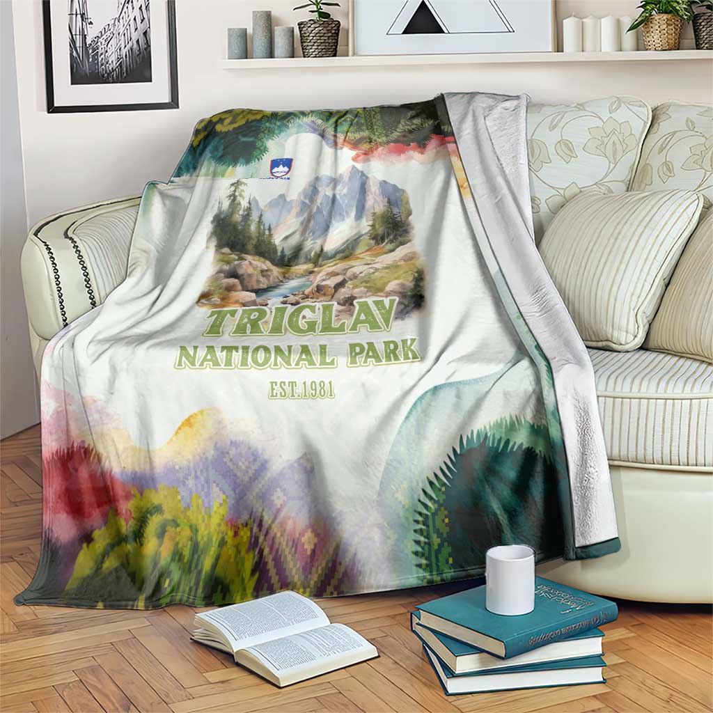 Triglav National Park Blanket Mountain Landscape with Slovenia Crest and Folk Art Details