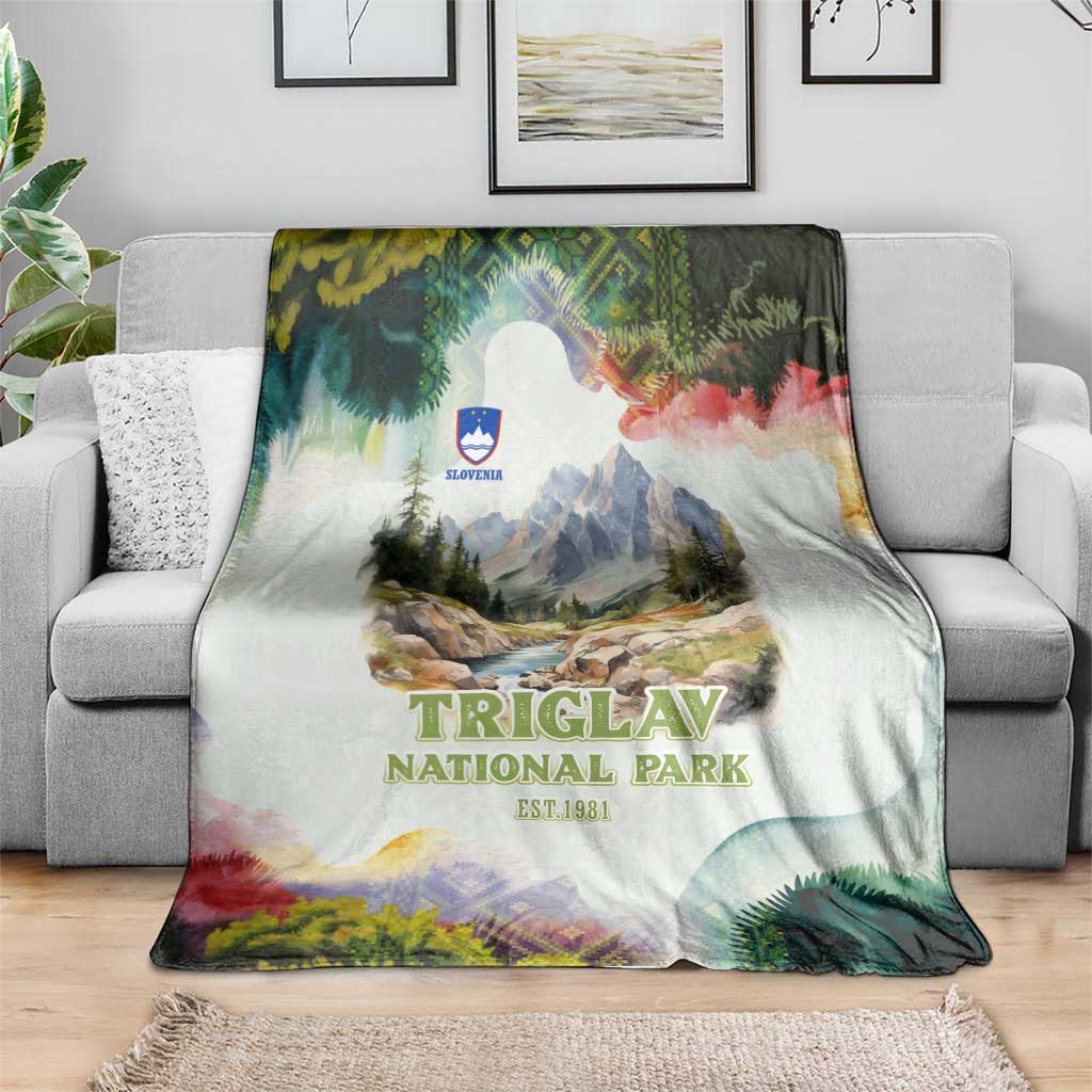 Triglav National Park Blanket Mountain Landscape with Slovenia Crest and Folk Art Details