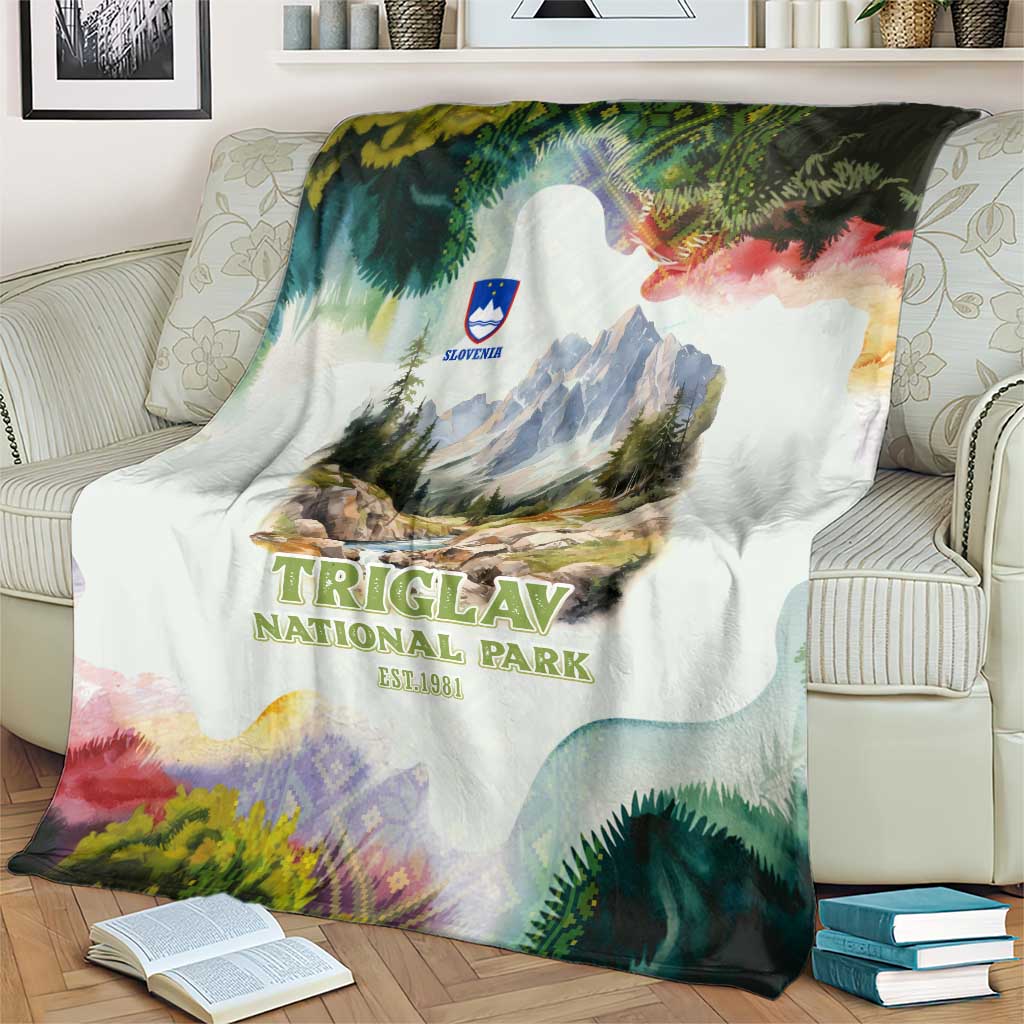 Triglav National Park Blanket Mountain Landscape with Slovenia Crest and Folk Art Details