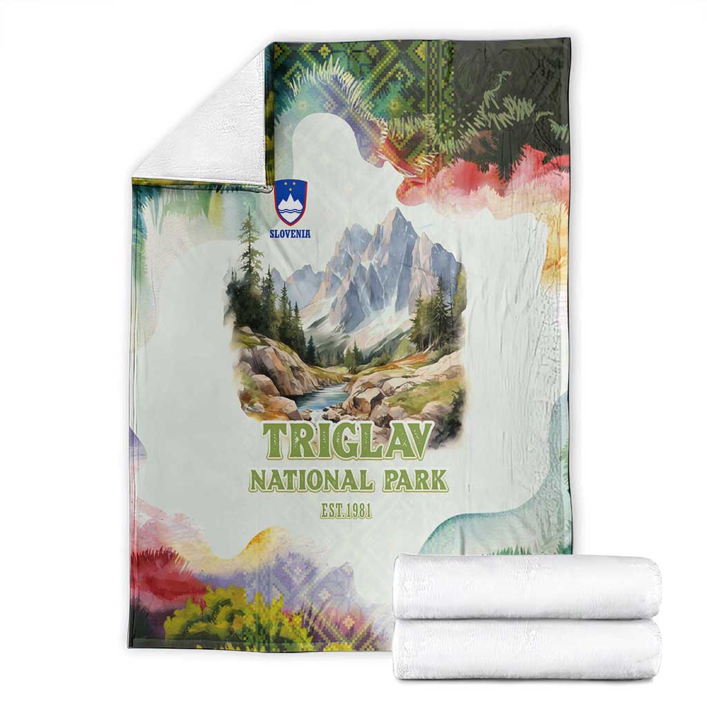 Triglav National Park Blanket Mountain Landscape with Slovenia Crest and Folk Art Details