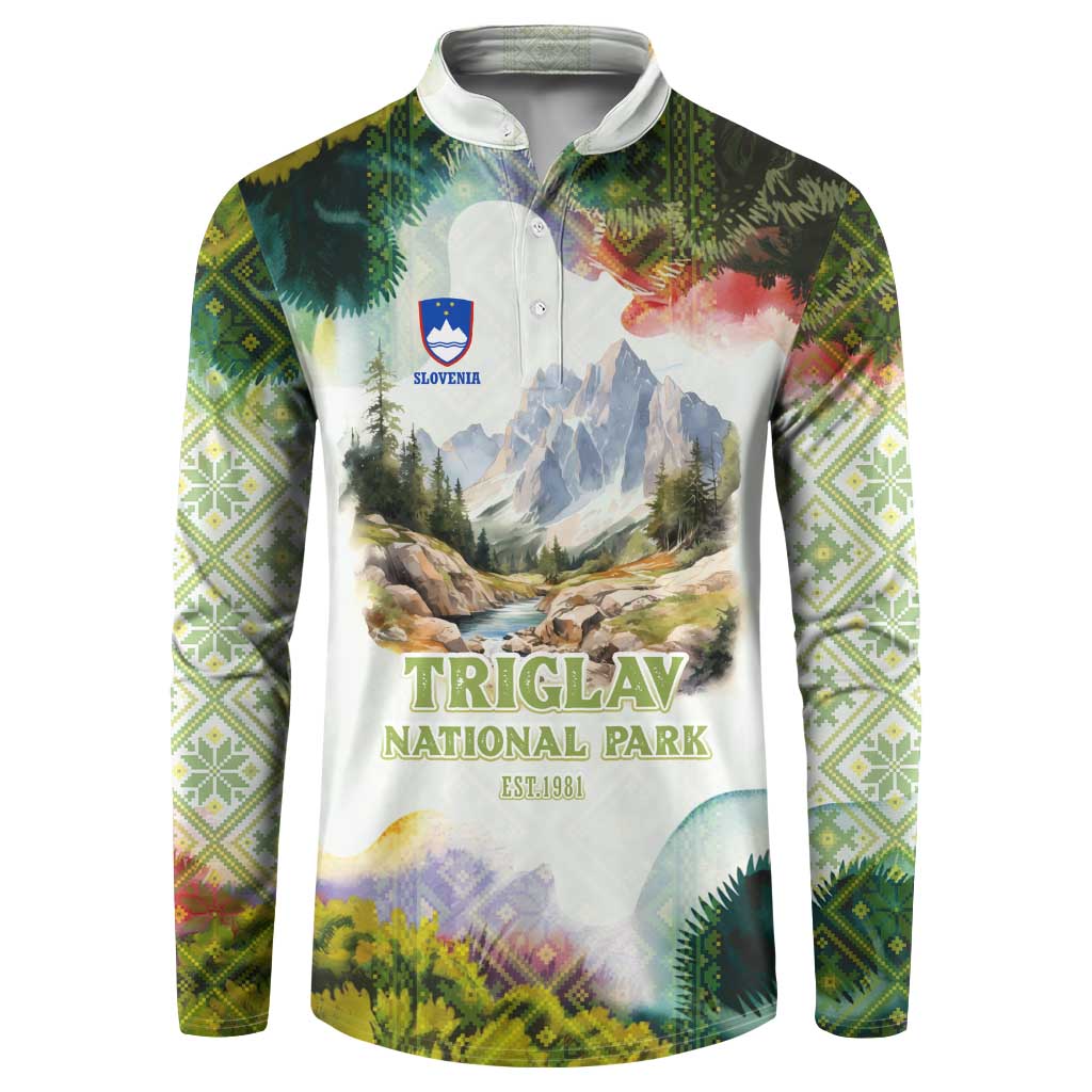 Triglav National Park Button Sweatshirt Mountain Landscape with Slovenia Crest and Folk Art Details