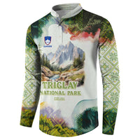 Triglav National Park Button Sweatshirt Mountain Landscape with Slovenia Crest and Folk Art Details